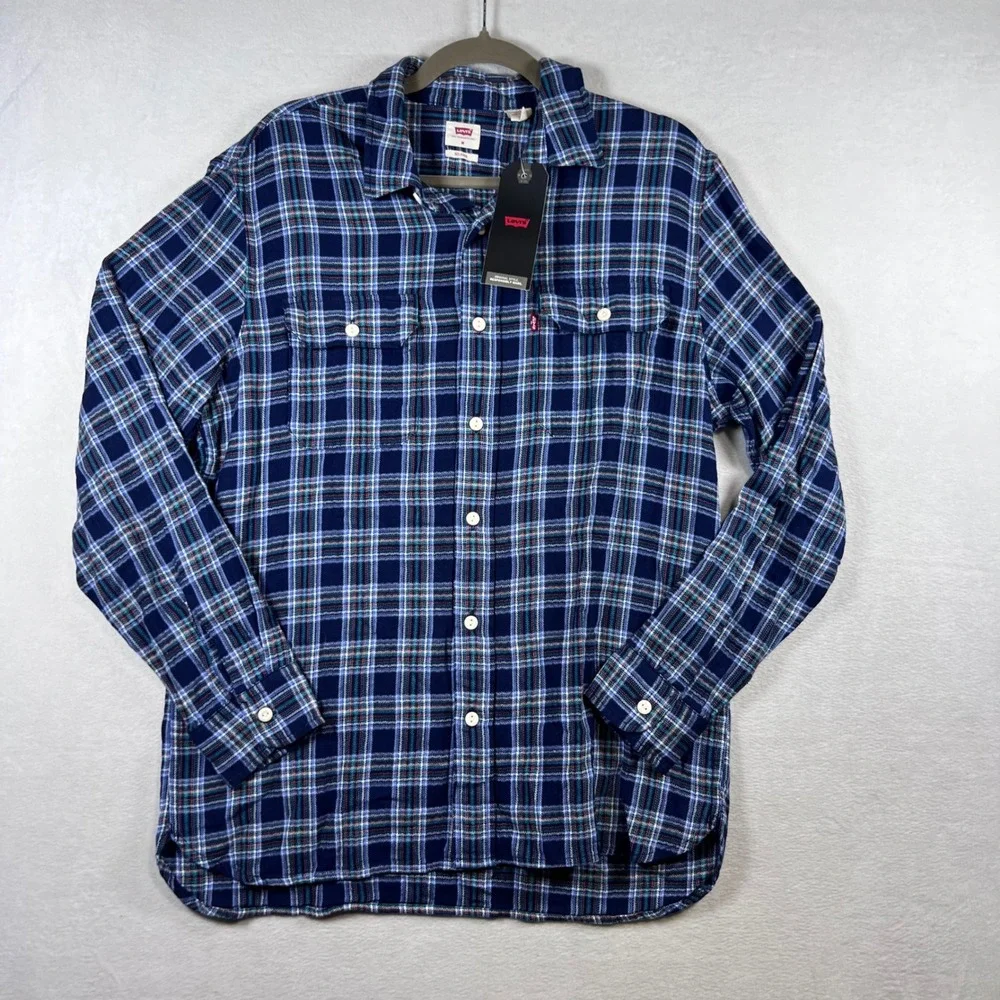 NWT Levis Mens M Relaxed Fit Plaid Flannel Shirt Navy Blue Organic Cotton Hemp